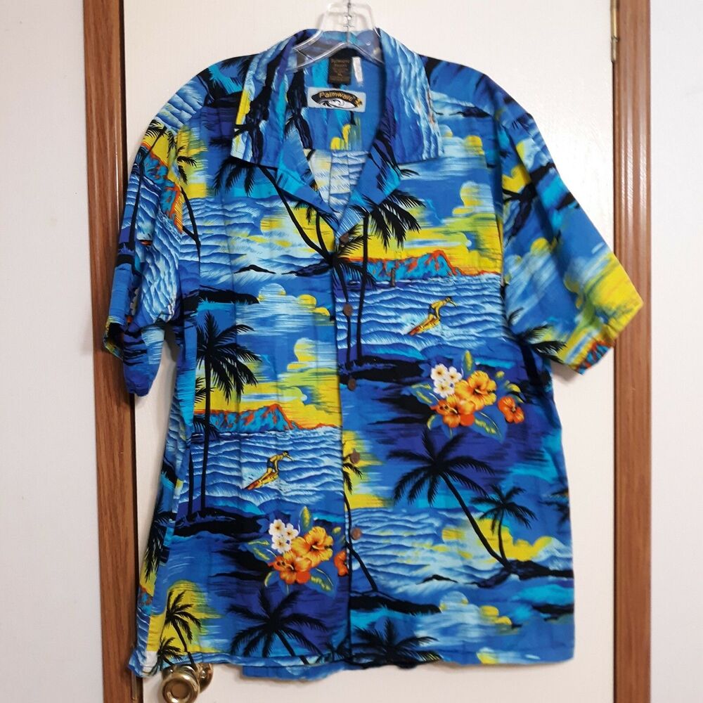Palmwave Mens Sz XL Hawaiian Beach Surfer Sunset Floral Multicolor